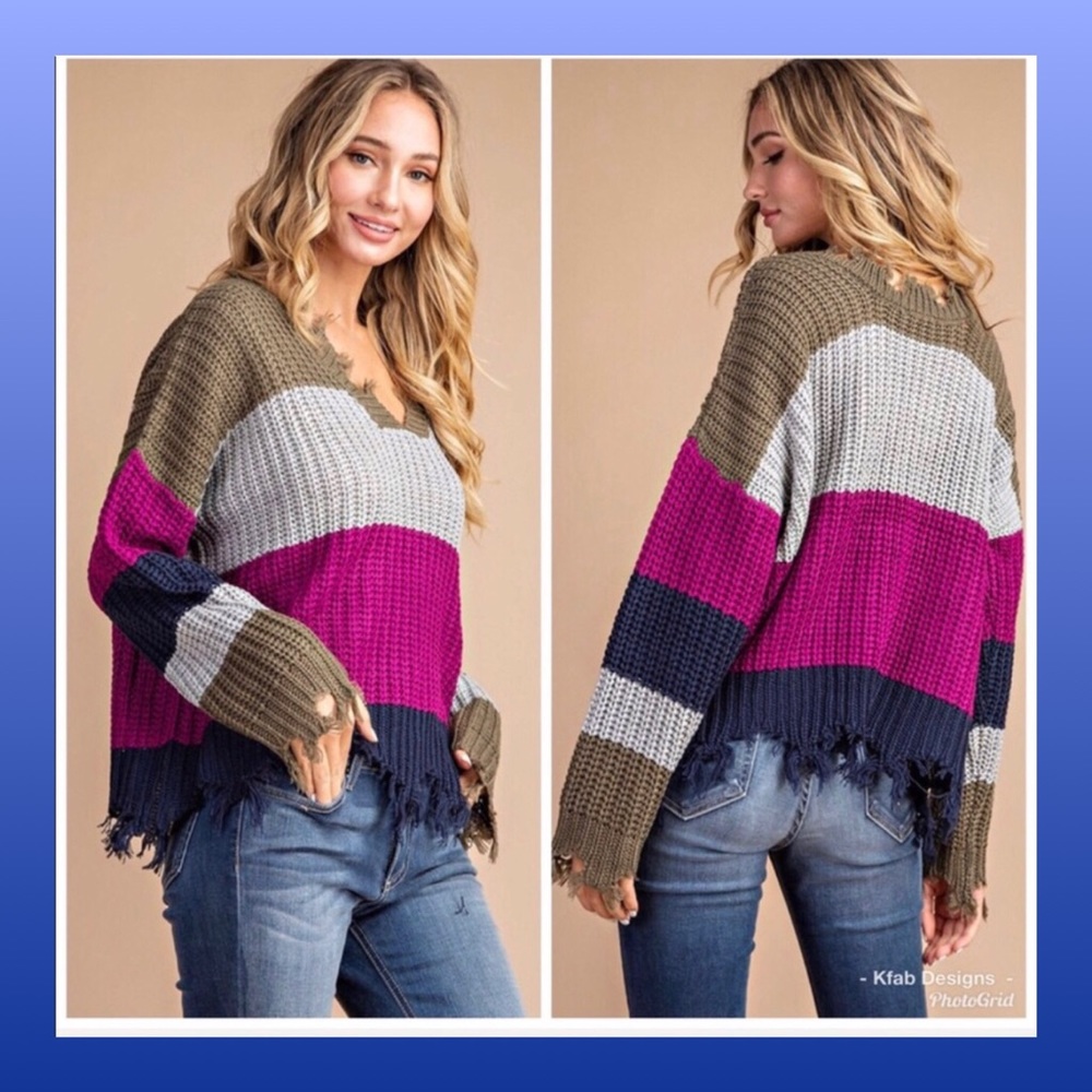 ❗️NEW❗️Distressed Color Block V-Neck Sweater